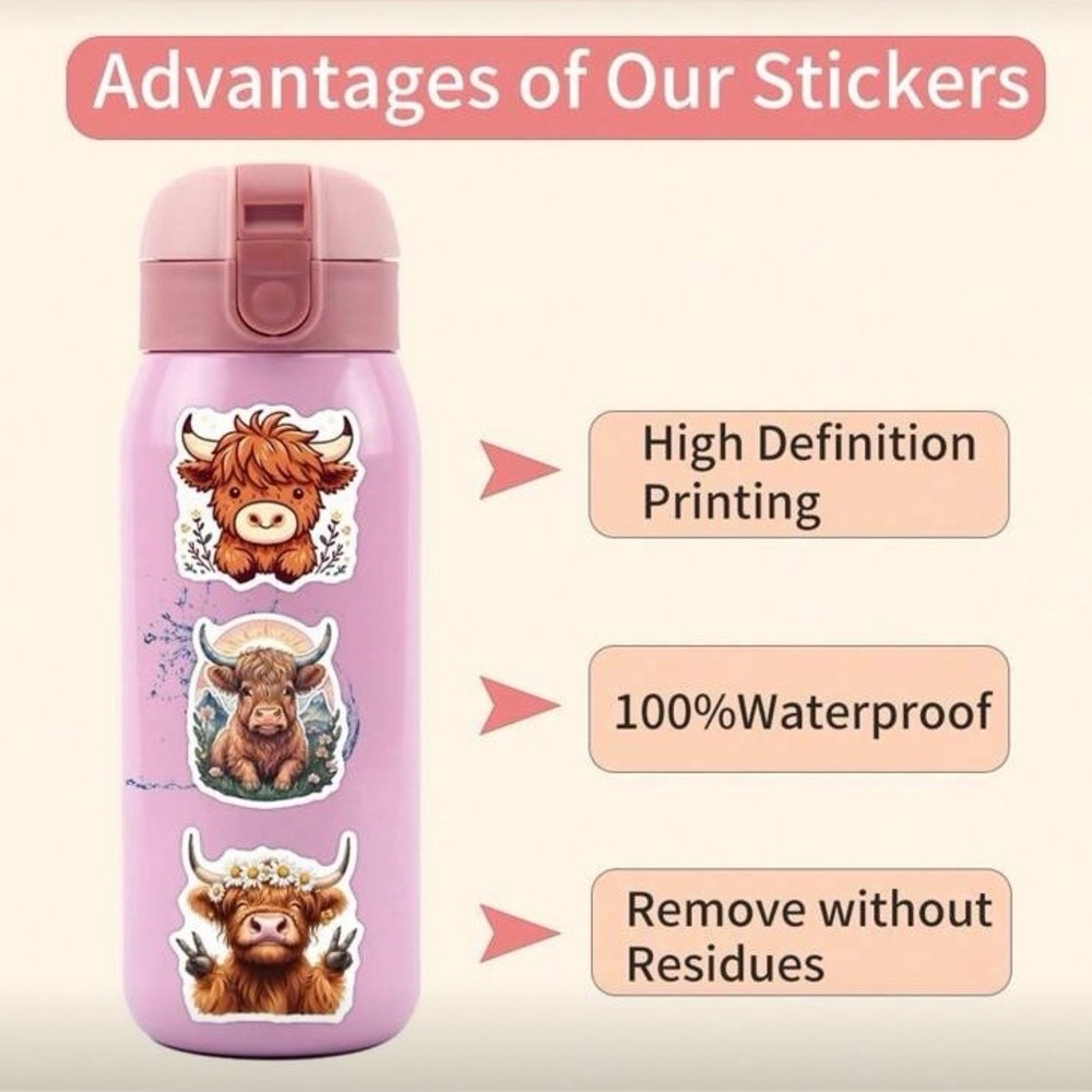 56 Highland Cow Stickers Cute Farm Animal Vinyl Stickers Waterproof Decals New - Picture 6 of 7